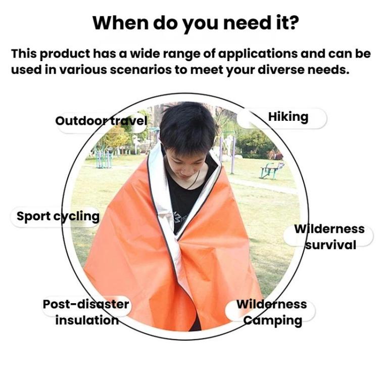 Orange emergency blanket tarp with dark edge, wrapped around a person