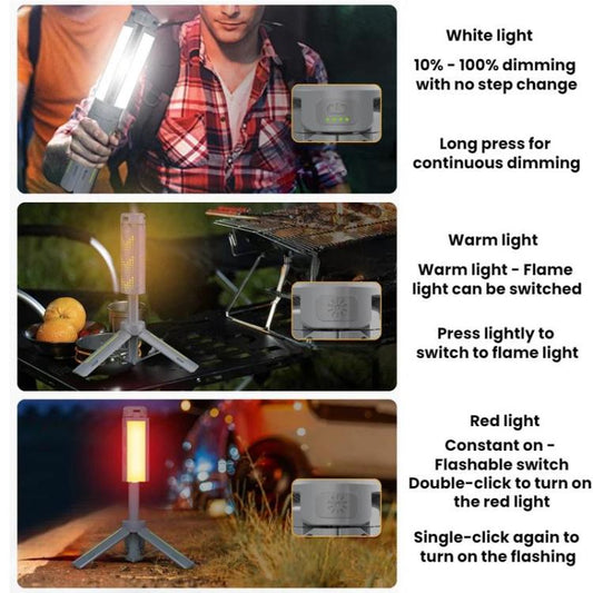Portable folding LED camping lamp on tripod base with light head illuminated