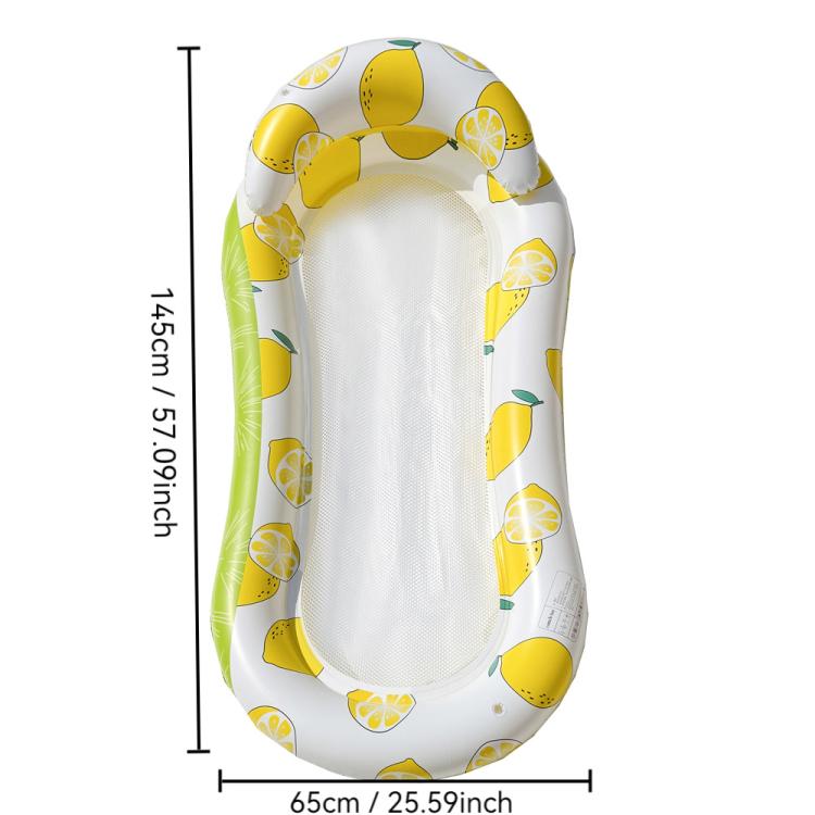 Inflatable water lounger with yellow lemon slice pattern and green accents