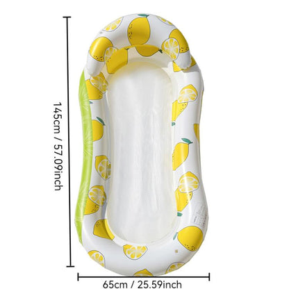 Inflatable water lounger with yellow lemon slice pattern and green accents
