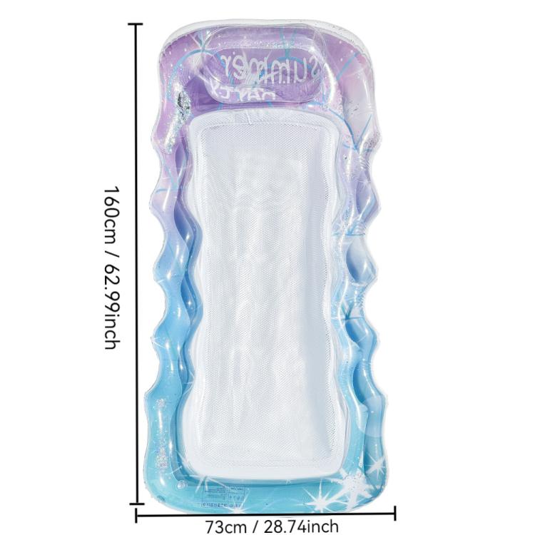 Inflatable floating bed lounger with purple top and blue glitter wavy sides, mesh center
