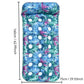 Inflatable floating bed lounger in blue tropical leaf print with white circle holes