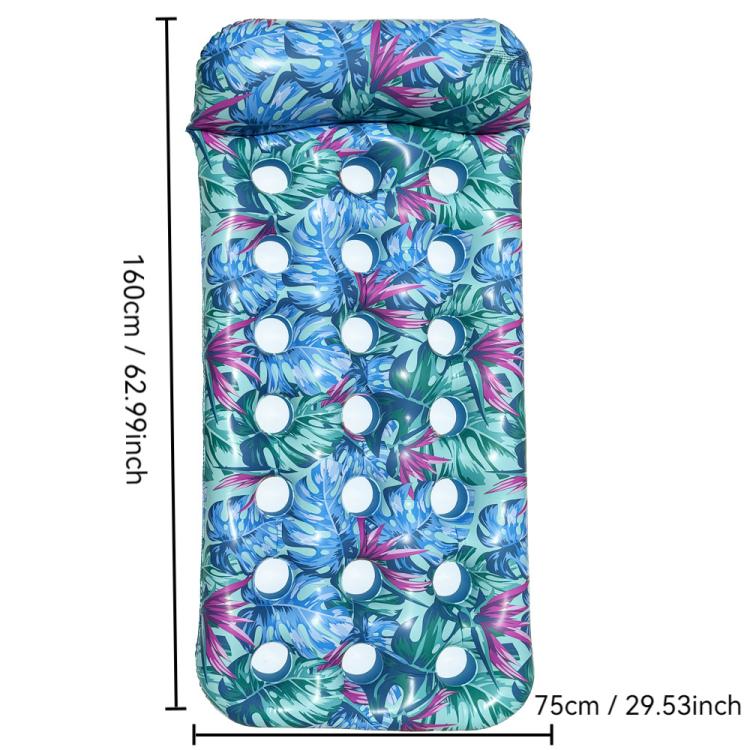 Inflatable floating bed lounger in blue tropical leaf print with white circle holes
