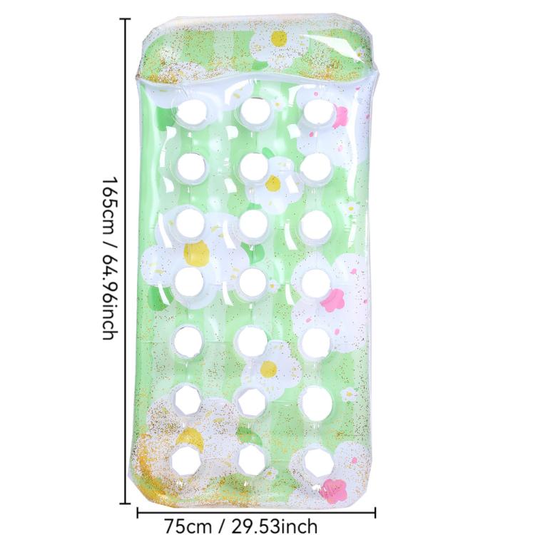 Inflatable floating bed lounger in green with white circle holes and pastel flower accents