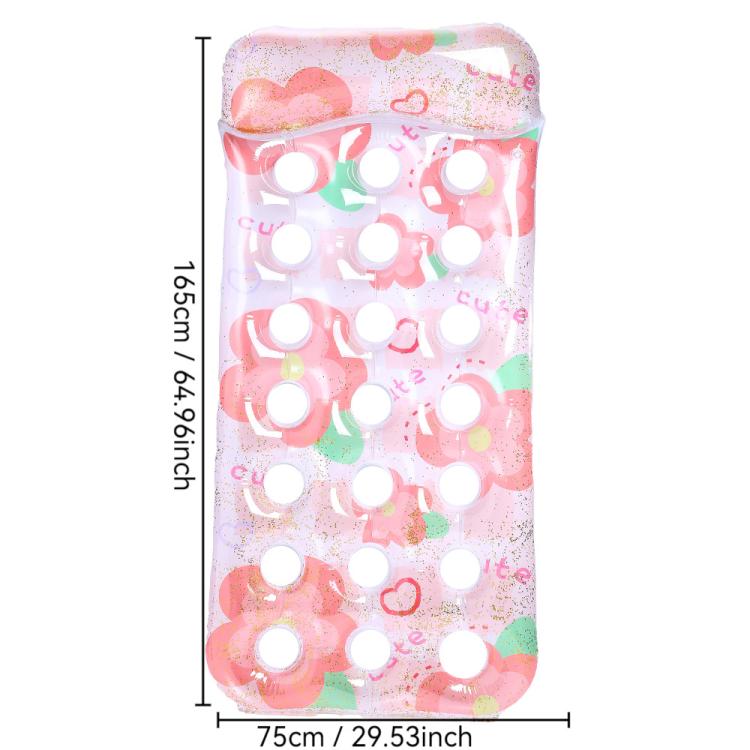 Inflatable floating bed lounger in pink with colorful fruit icons and white circle holes