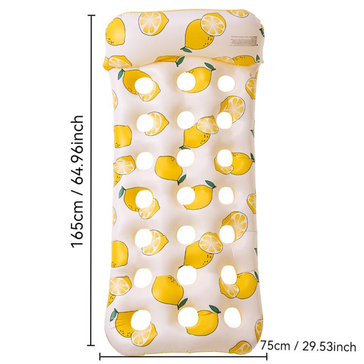 Inflatable floating bed lounger in white with yellow lemon print and white circle holes