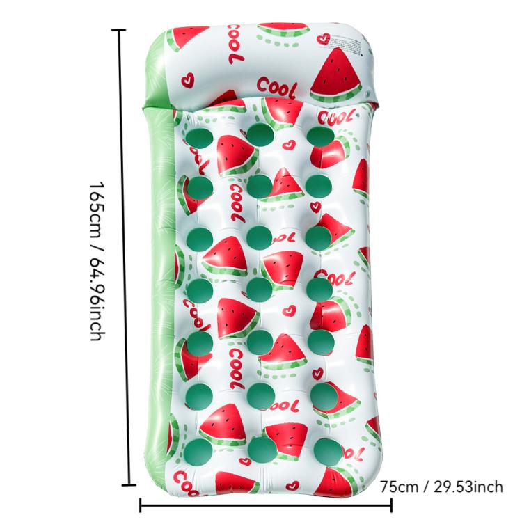 Inflatable floating bed lounger in white with watermelon print, green trim, and white circle holes