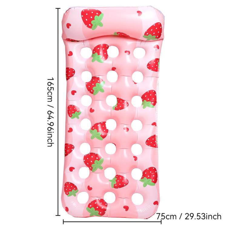 Inflatable floating bed lounger in pink with strawberry print and white circle holes