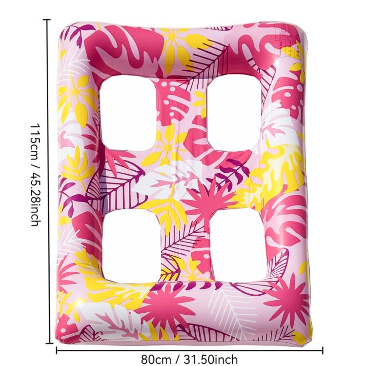 Inflatable floating pool lounger, pink tropical leaf print, four square head openings