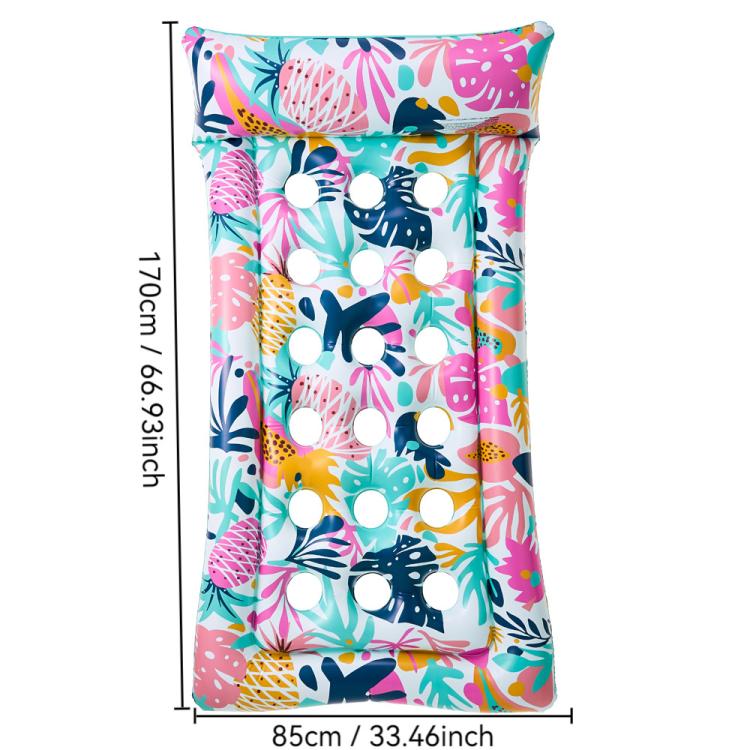 Inflatable floating pool lounger, colorful tropical abstract print, round head air chambers