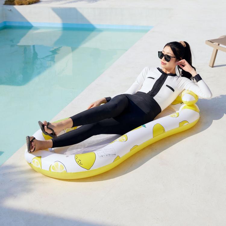 Inflatable water lounger bed with lemon print, white mesh and yellow edging