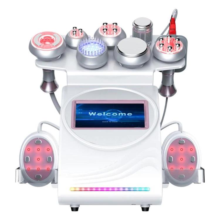 White multi-head body massage machine with glowing red LED pads and screen