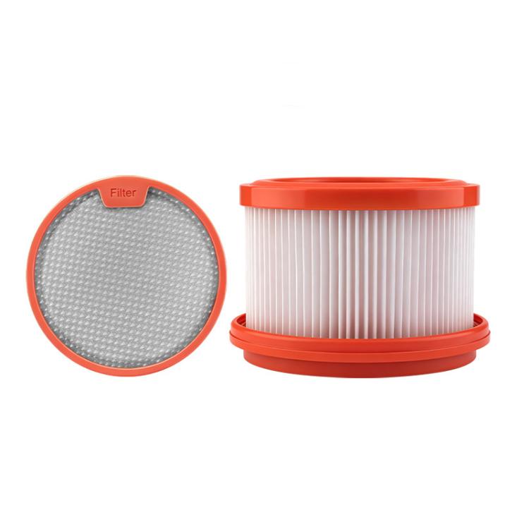 Replacement vacuum filter set with round gray mesh pad and orange-rimmed pleated cartridge