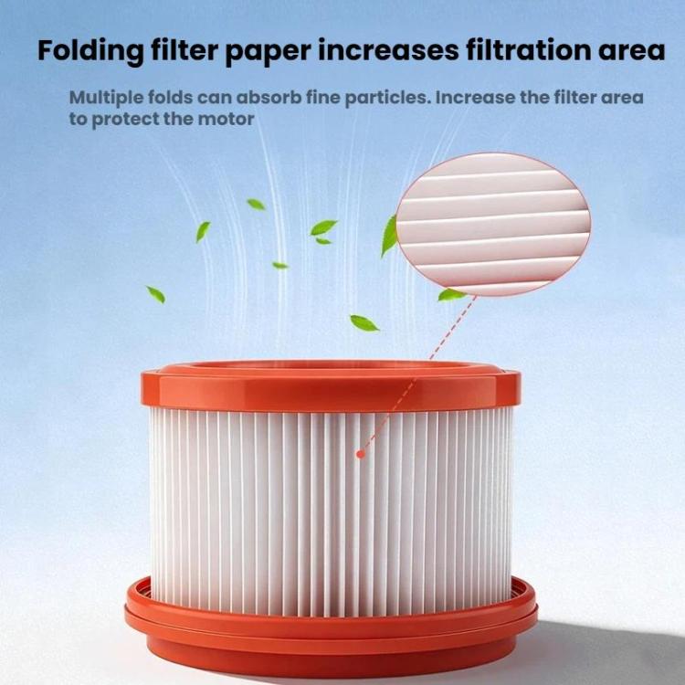Replacement vacuum filter cartridge with orange top and white pleated paper filter