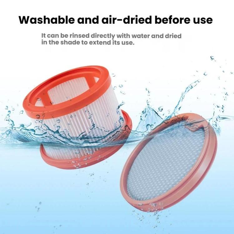 Replacement vacuum filter cartridge and round mesh filter shown with water splashes