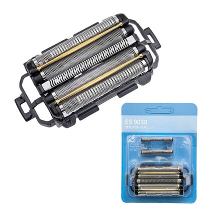 Replacement shaver head set with three silver foil cutters and gold trim, in blue pack