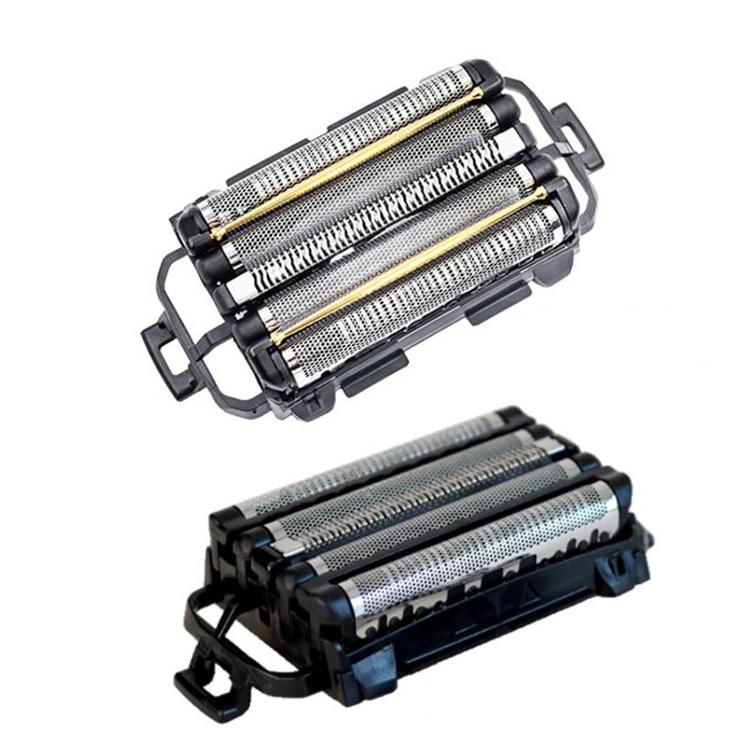 Replacement shaver head, front and angled view, showing three silver foil cutters