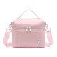 Pink insulated lunch bag with top handle, front zipper, and side shoulder straps
