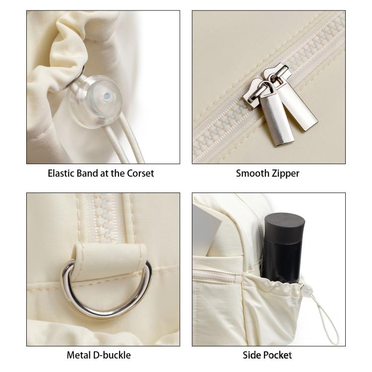 Beige travel bag details: smooth zipper, metal D-buckle, side pocket, elastic band