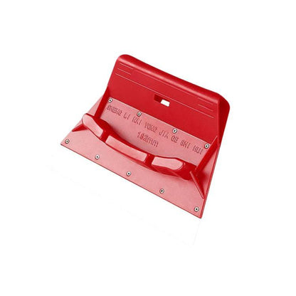 Red paint scraper putty knife with stainless metal blade and red handle, mounted screws