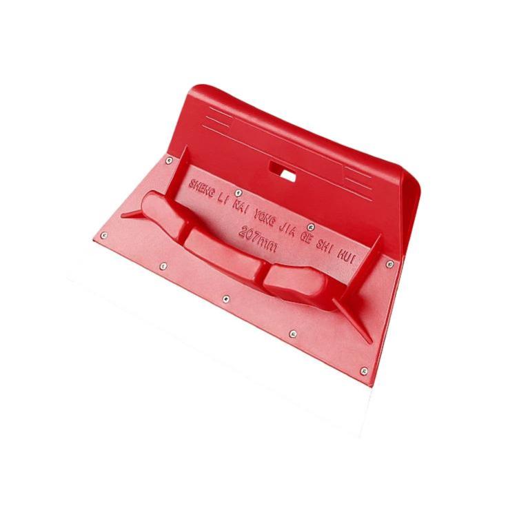 Red stainless paint spatula scraper with metal blade, handle, and fastening screws