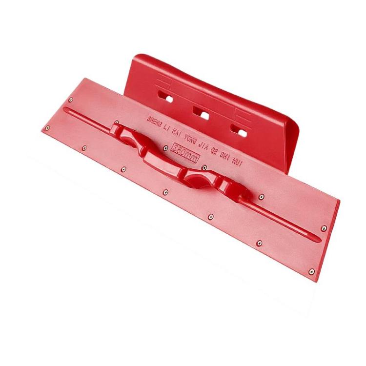 Red stainless scraper putty knife with long metal blade and central locking handle