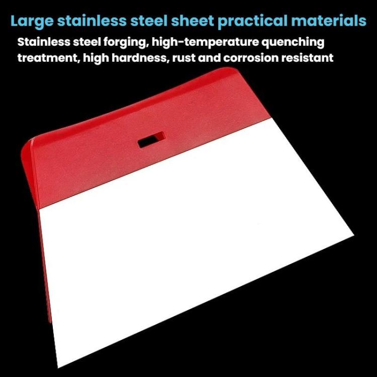 Red paint spatula scraper with stainless blade panel, flat working edge