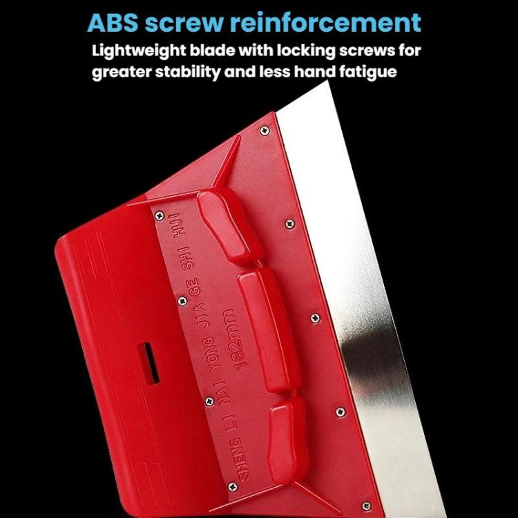 Red paint scraper putty knife with metal blade and ABS-style reinforced handle section