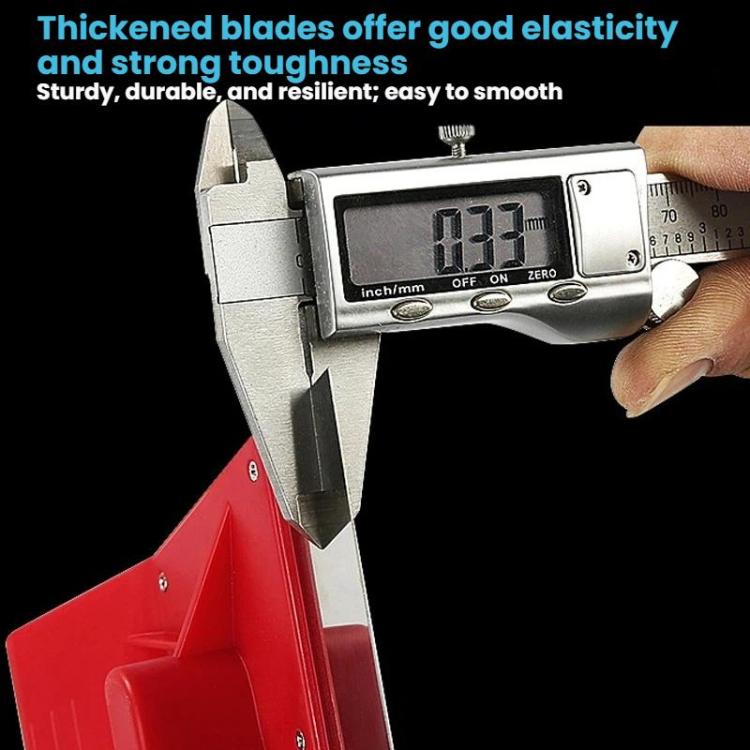 Red paint putty knife scraper with stainless metal blade and caliper measurement at edge