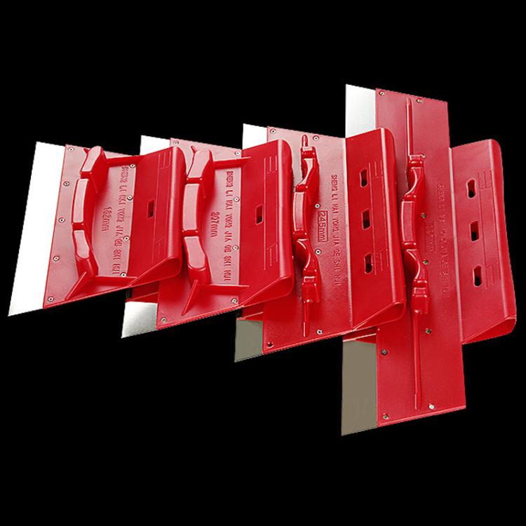 Assorted red stainless scraper putty knives with metal blades and handles, multiple sizes