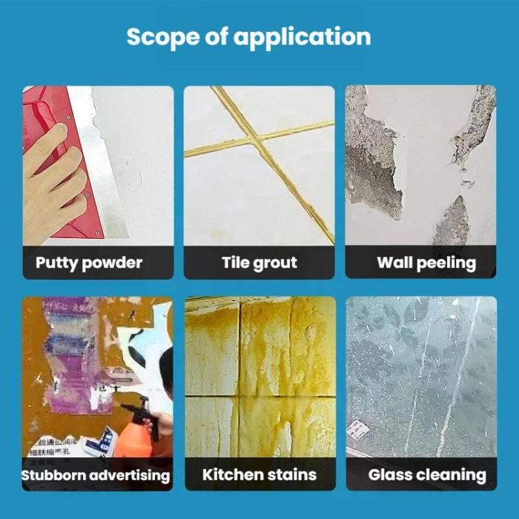 Putty knife scraper with stainless steel blade shown removing peeling wall material