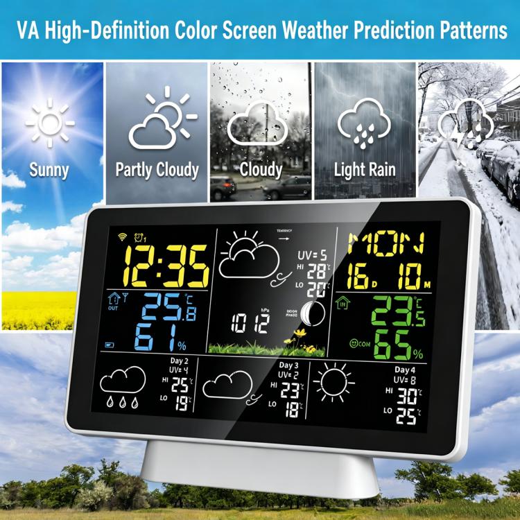 Wireless color weather station with stand showing weather icons on screen