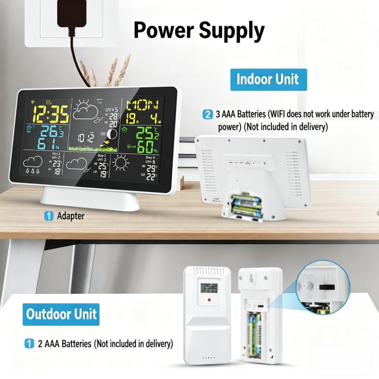 WiFi weather station indoor and outdoor units with touchscreen display and battery compartments