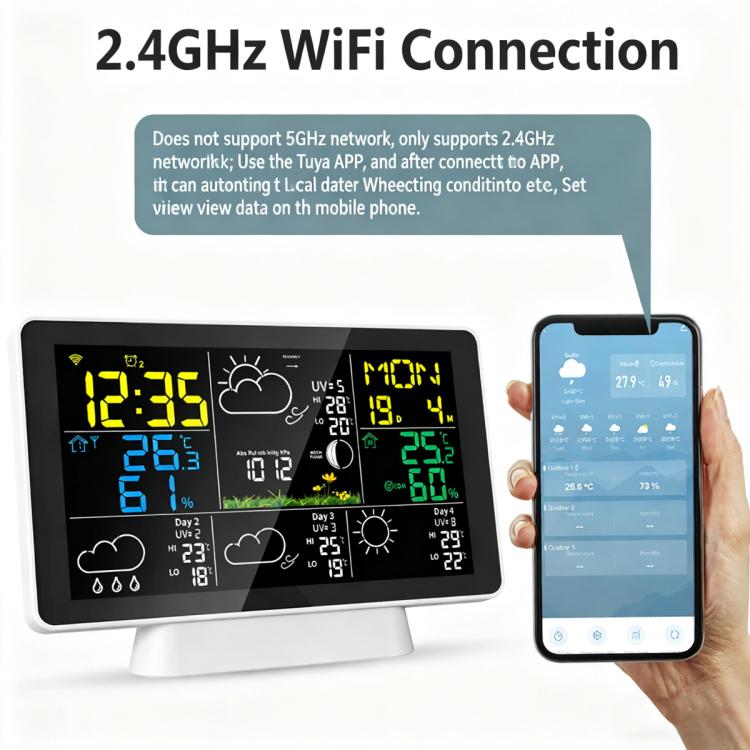 WiFi weather station base with digital screen and smartphone app showing weather readings