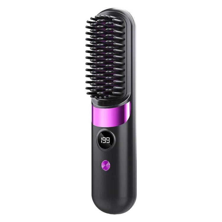 Cordless hair straightening brush in black with purple accents and digital temperature screen