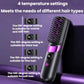 Cordless hair straightening brush with temperature setting buttons, black body and purple ring