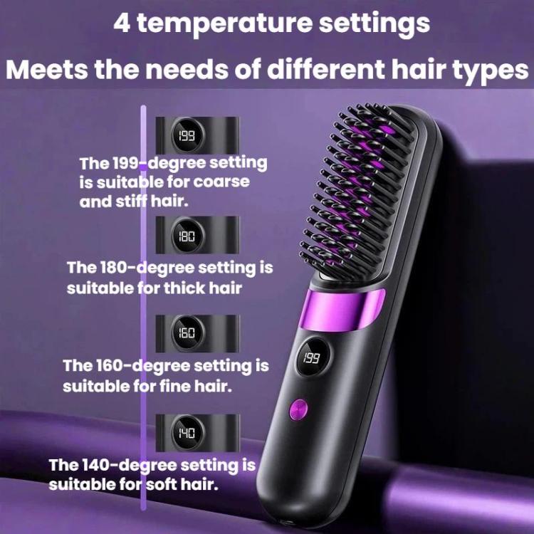 Cordless hair straightening brush with temperature setting buttons, black body and purple ring