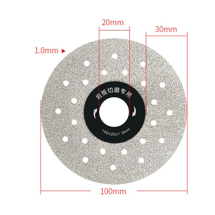 Ceramic grinding disc dimensions, gray perforated wheel with 100mm diameter and 1.0mm thickness