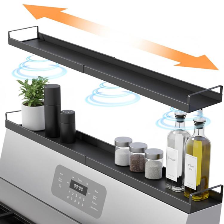 Magnetic stove storage shelf organizer with raised sides and end rail supports, dark gray