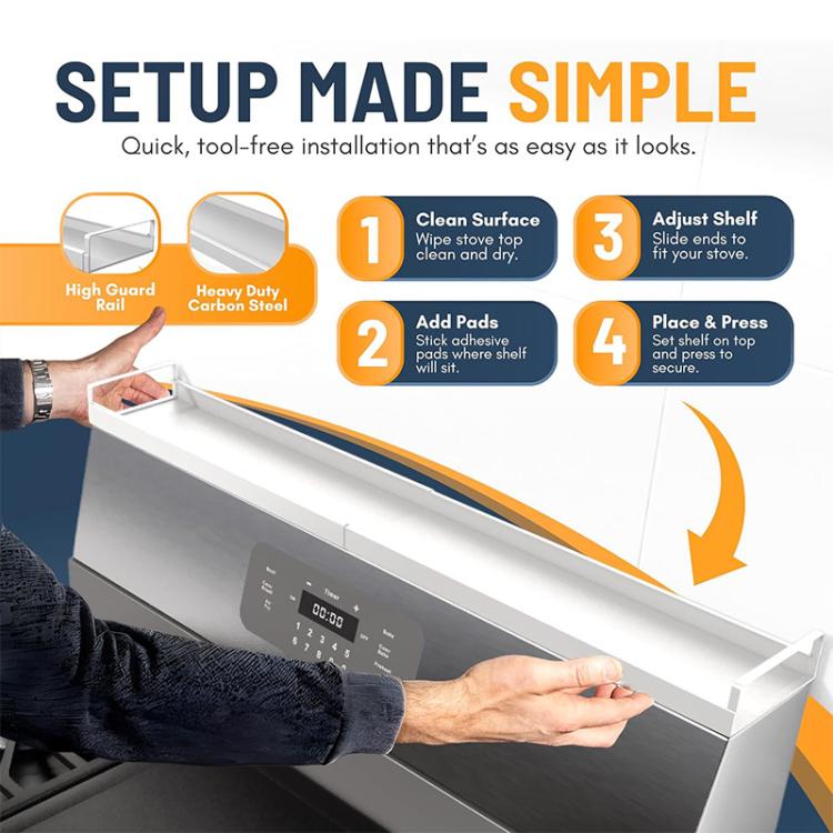 Telescopic rear stove storage shelf with raised edge, shown mounted over stove surface