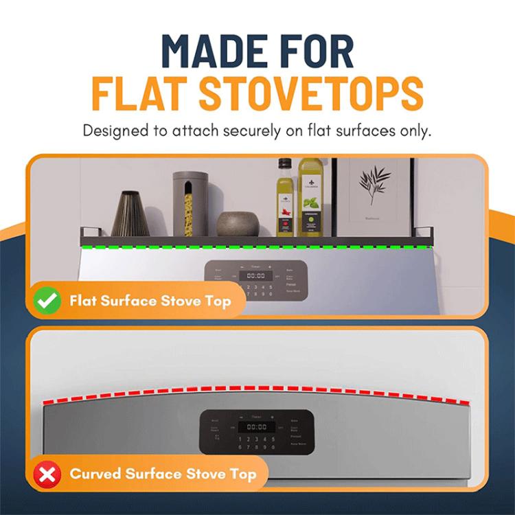 Magnetic stove shelf designed for flat stove tops, secured with magnetic pads