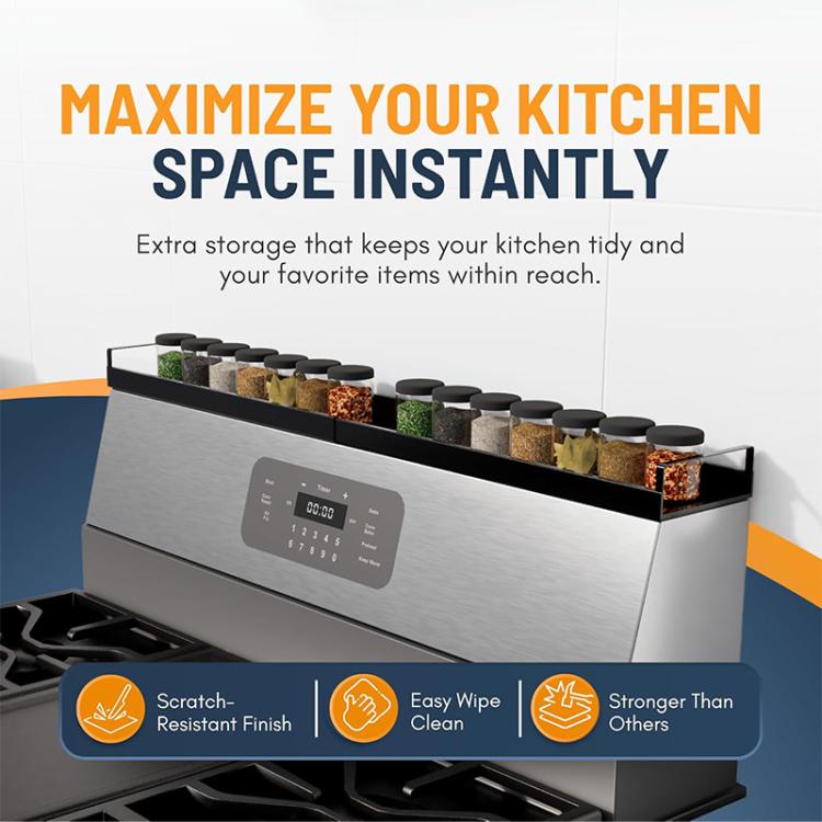 Stainless-style magnetic rear stove storage shelf with divided condiment containers