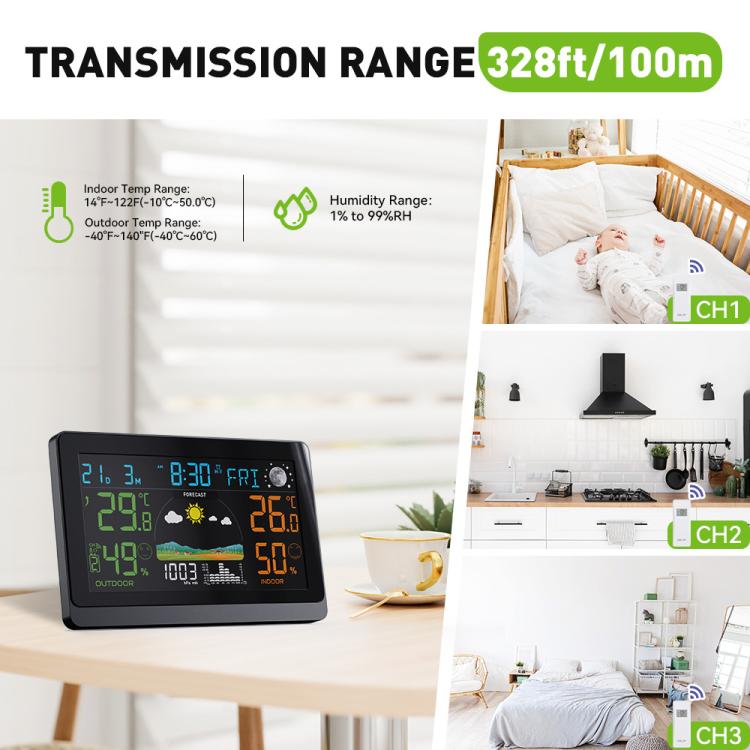 Wireless weather station base with outdoor sensor, showing indoor and outdoor readings on screen