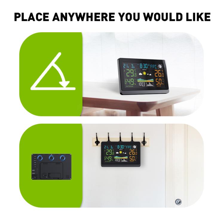 Wireless weather station shown in different indoor locations with device and sensor views