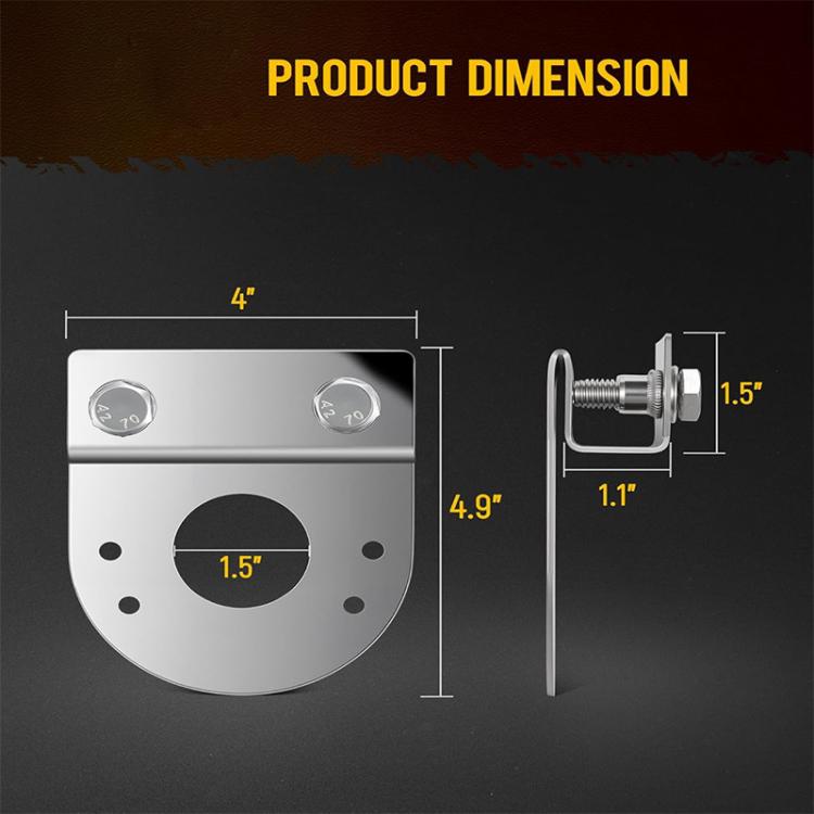 Stainless steel clamp-on light bracket side view with threaded bolt and mounting plate