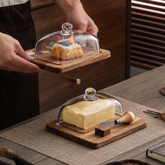 Acacia Wood Butter Dish with Glass Lid and Spreader Knife Butter Keeper for Countertop or Fridge, Single Knife, Dual Utensils