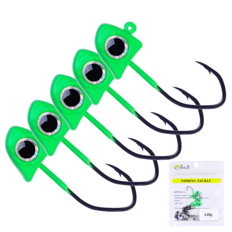 Green micro triangle jig head hook with black double barbed hook, 5-pack set