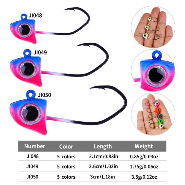 Micro triangle jig head hook details: JI048, JI049, JI050 with sizes and weight table