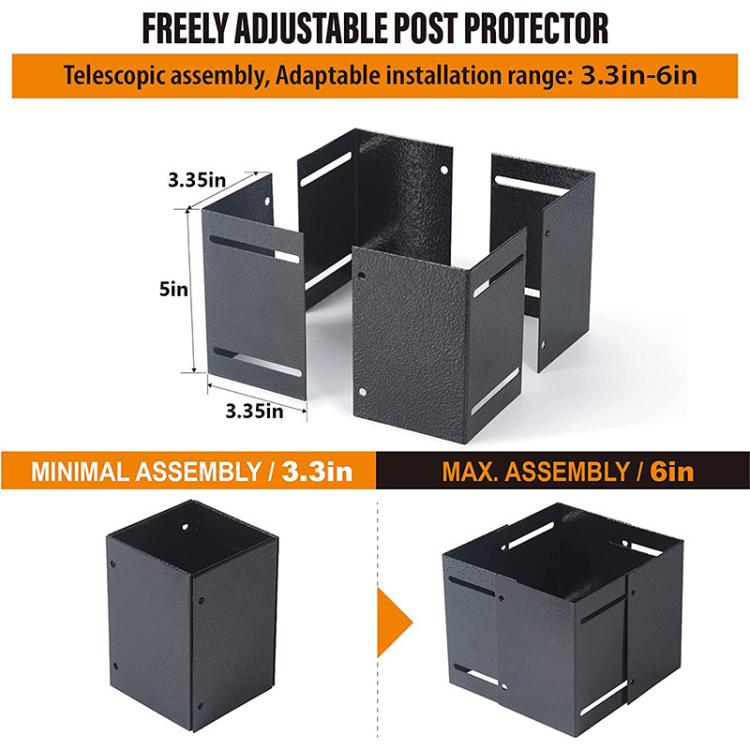 Adjustable black metal post protector brackets, telescoping assembly pieces
