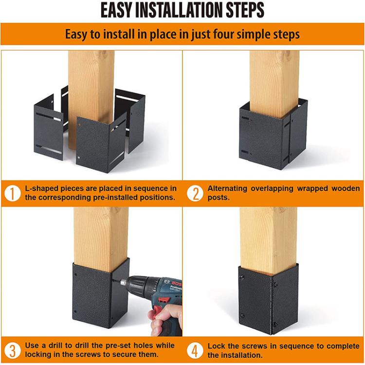 Black metal post protector brackets fitted around a wooden post